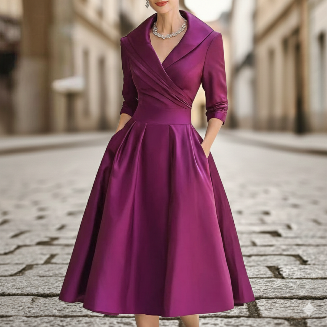 Satin Midi Dress Women Wrap Three Quarter Sleeve A Line Pocket