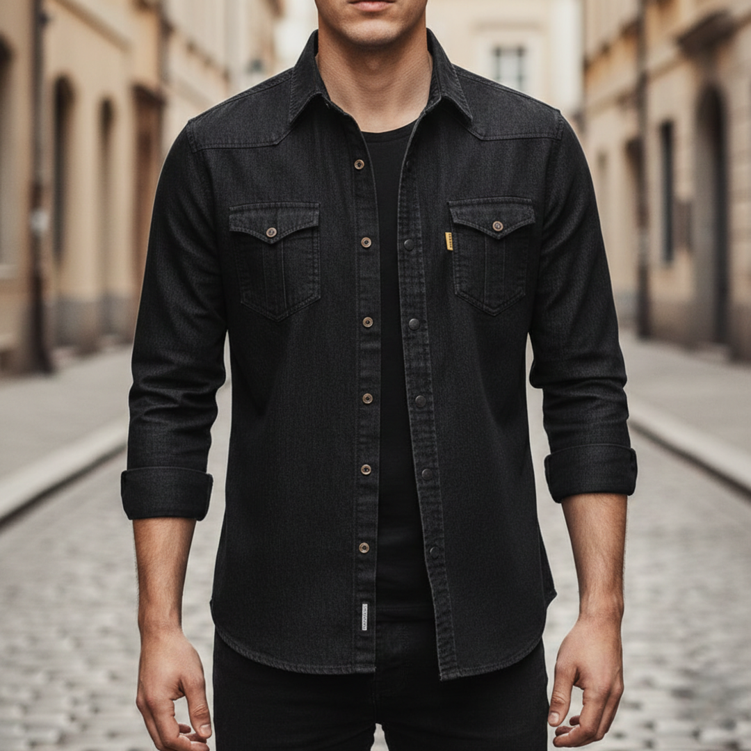 Denim Shirt Long Sleeve Button Front for Men