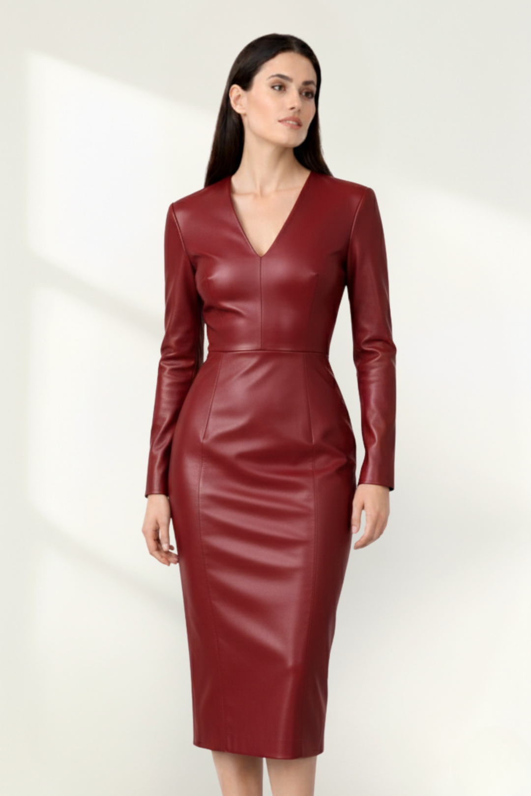 Women Faux Leather Bodycon Midi Dress Long Sleeve