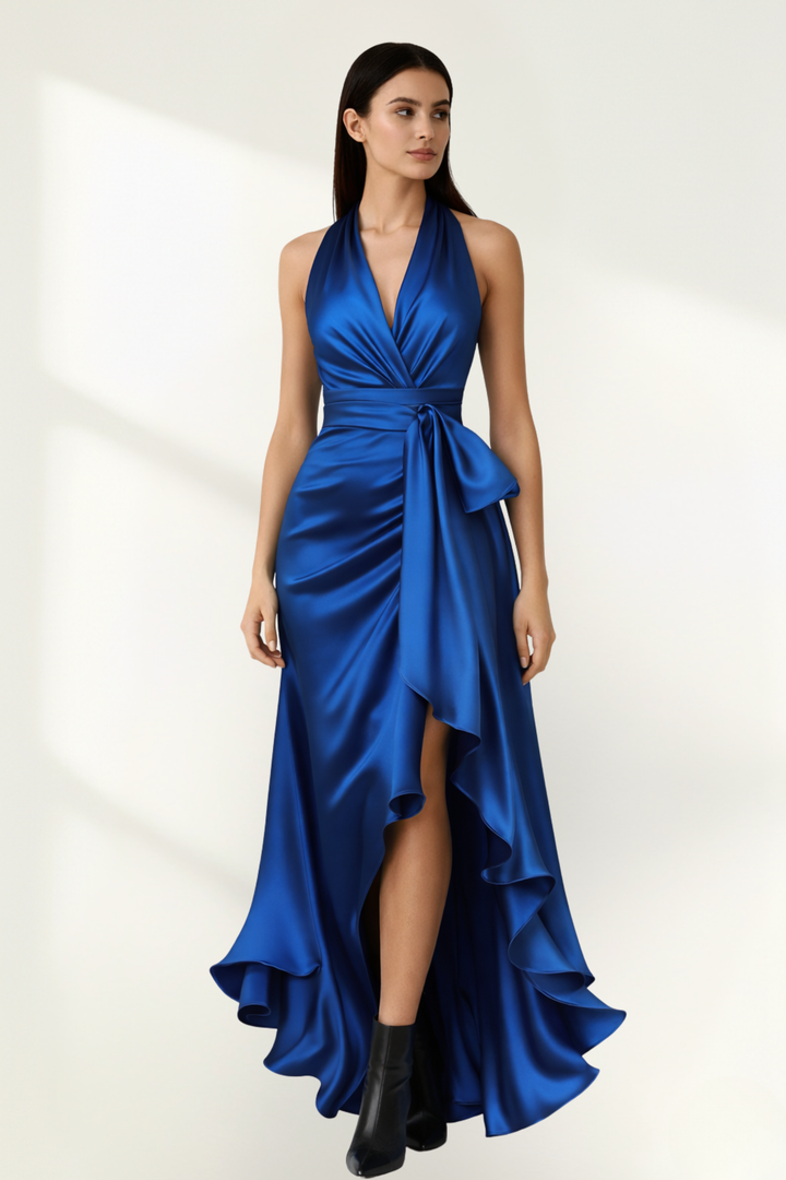Women’s Satin Halter Wrap Evening Dress