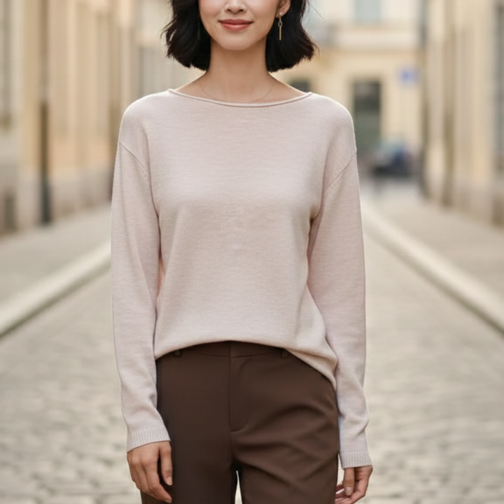 Haut en tricot léger à col rond et manches longues pour femme