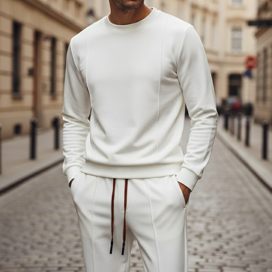 Cotton Silk Tracksuit Set Crew Neck Joggers Men