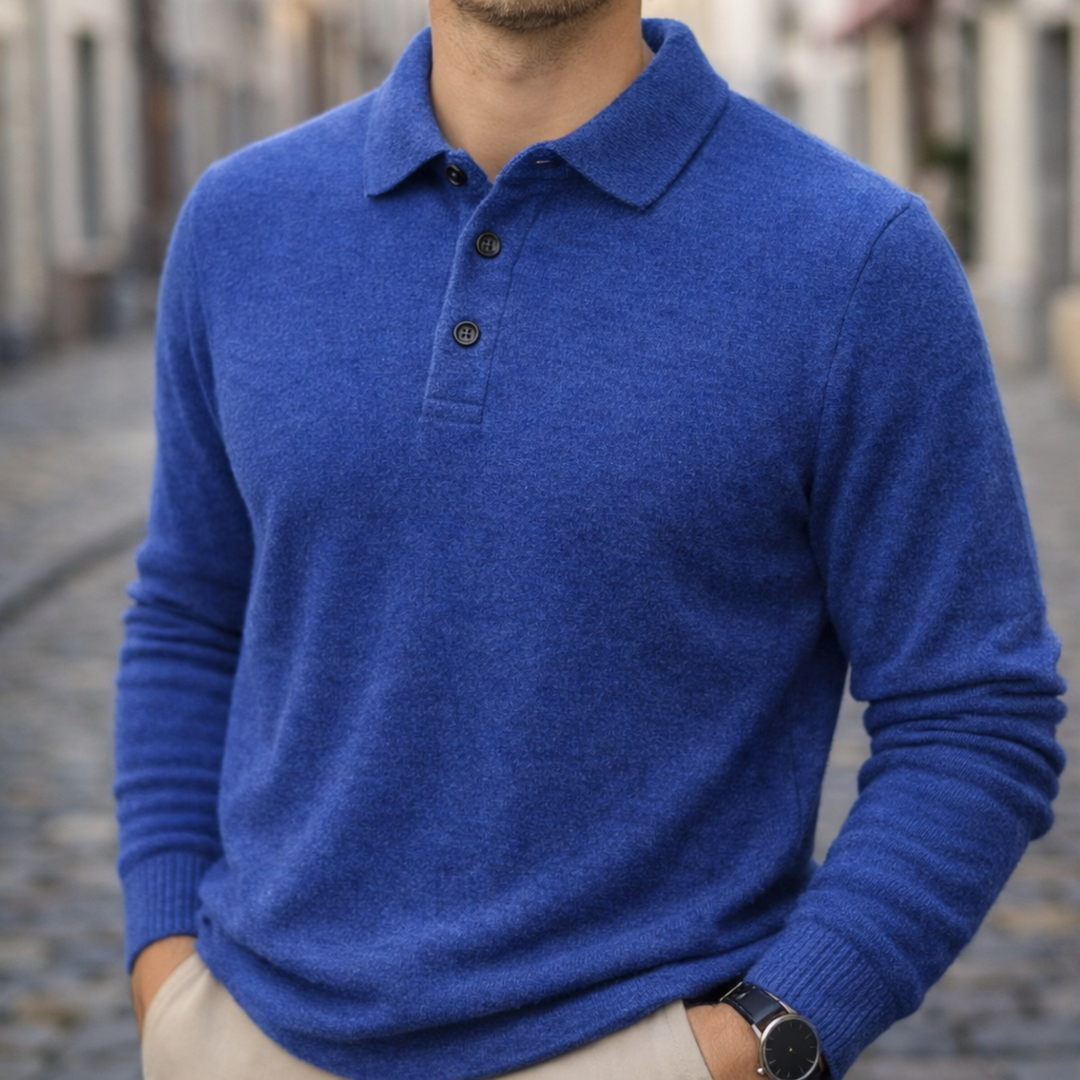 Polo Shirt Cashmere Long Sleeve Knit Men Beige Collared