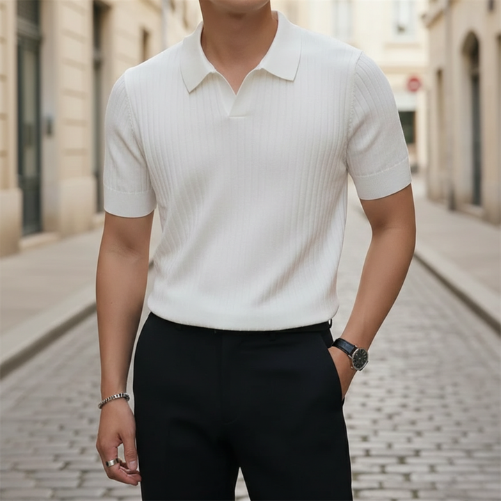 Knitted Polo Shirt Ribbed Short Sleeve Slim Fit Men Casual