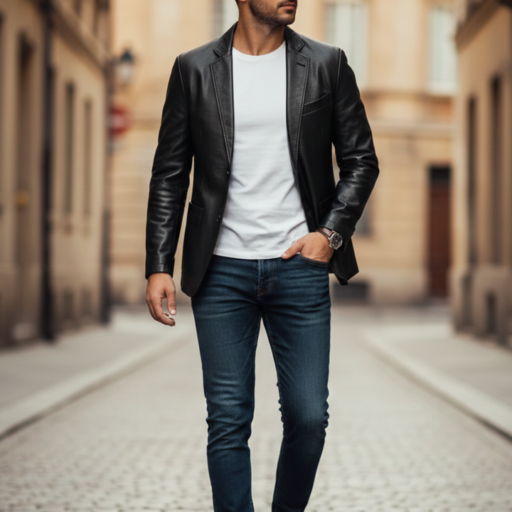 Leather Blazer Jacket Single Breasted Men