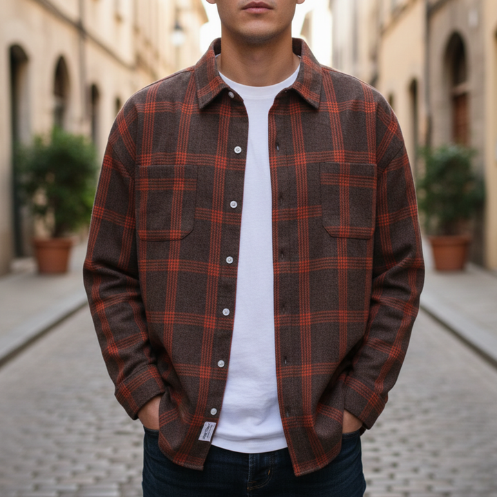 Men Flannel Shirt Checkered Button Front Long Sleeve Casual