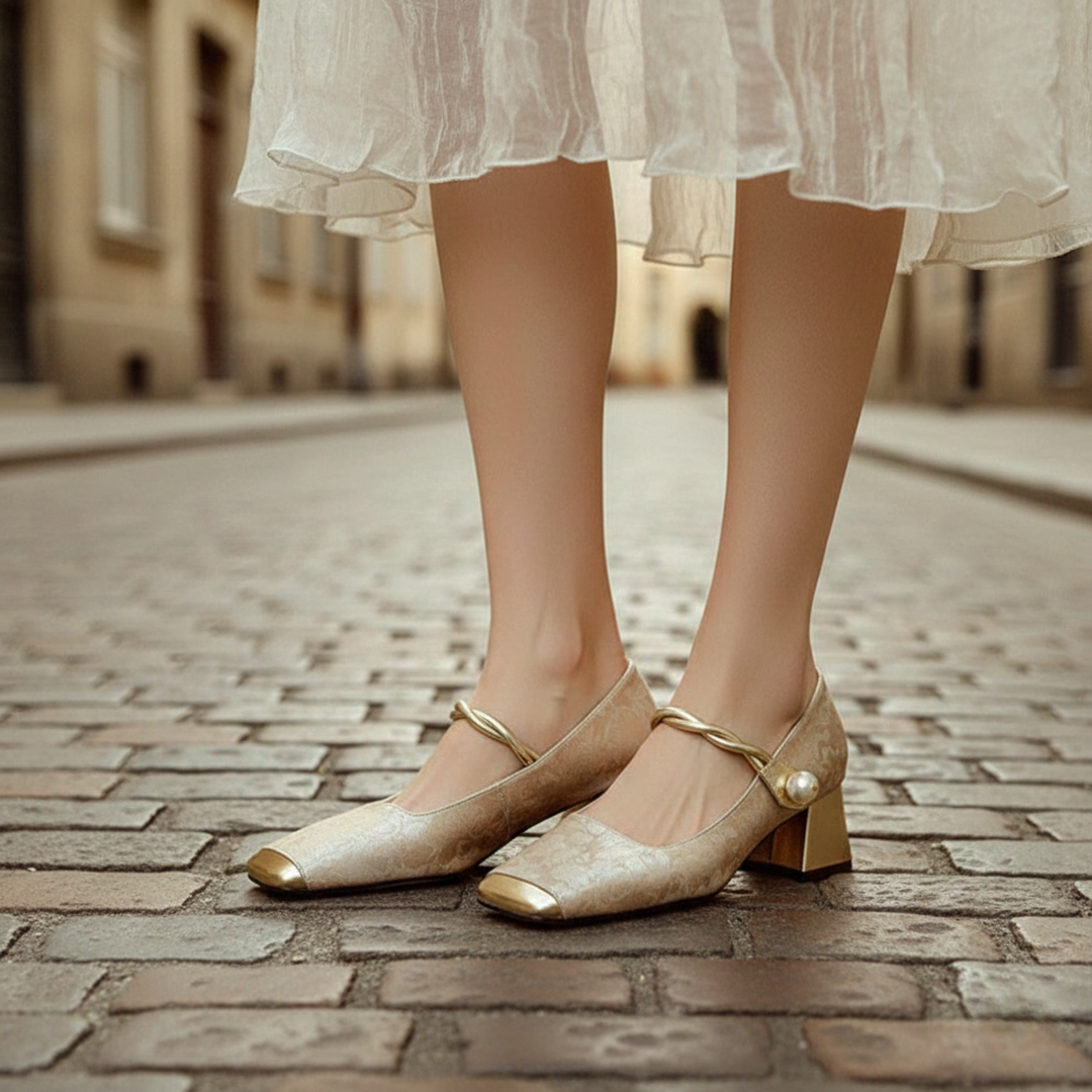 Square Toe Heels Floral Embossed Block Heel Strap Women