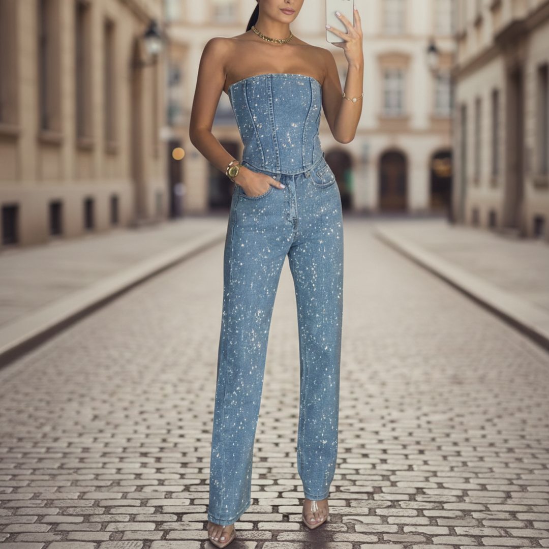 Womens Jumpsuit Strapless Wide Leg Glitter