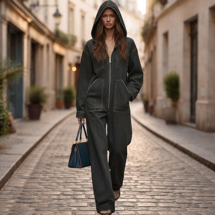 Denim Jumpsuit Hooded Long Sleeve Casual Women