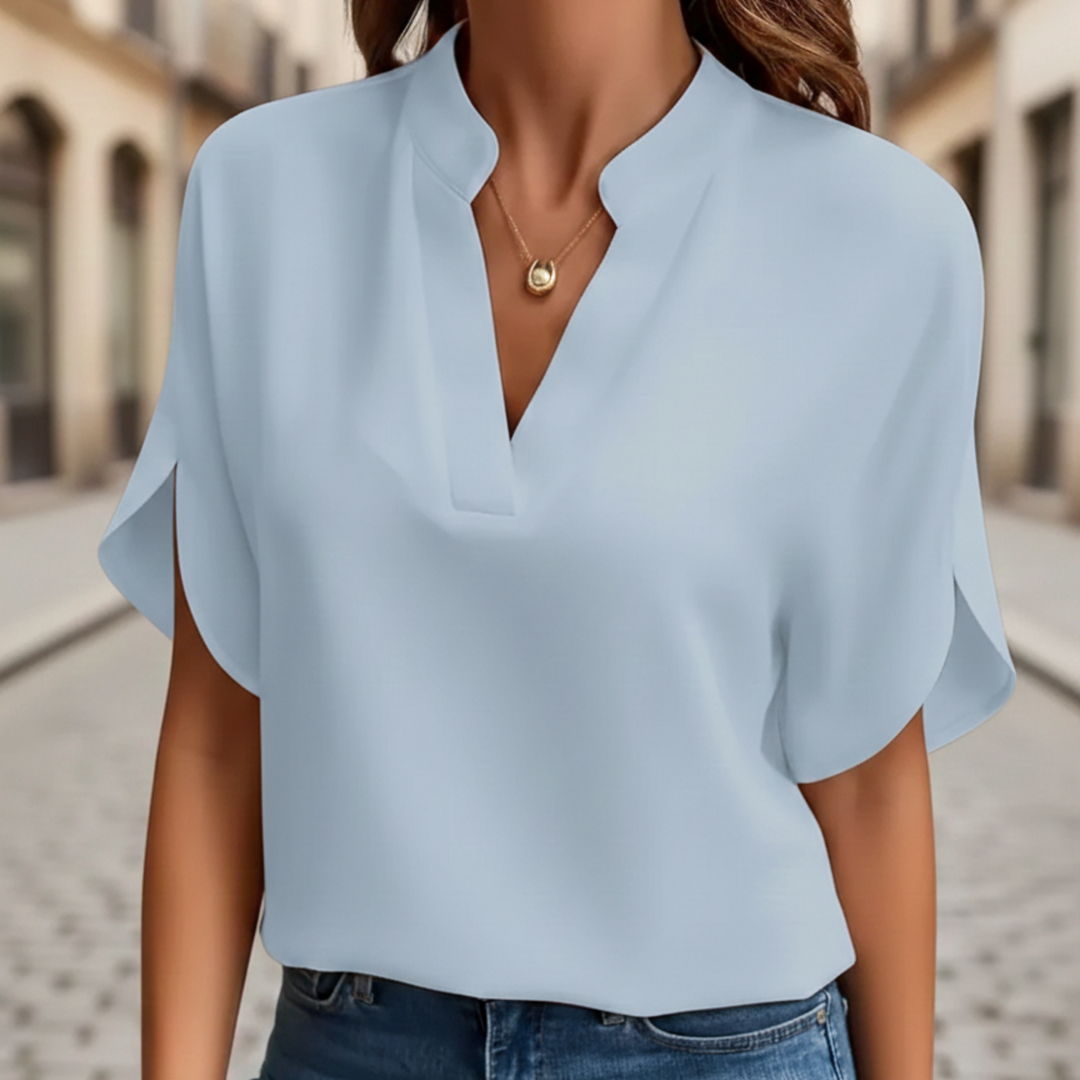 Blusa de Seda con Cuello en V de Manga Corta para Mujeres