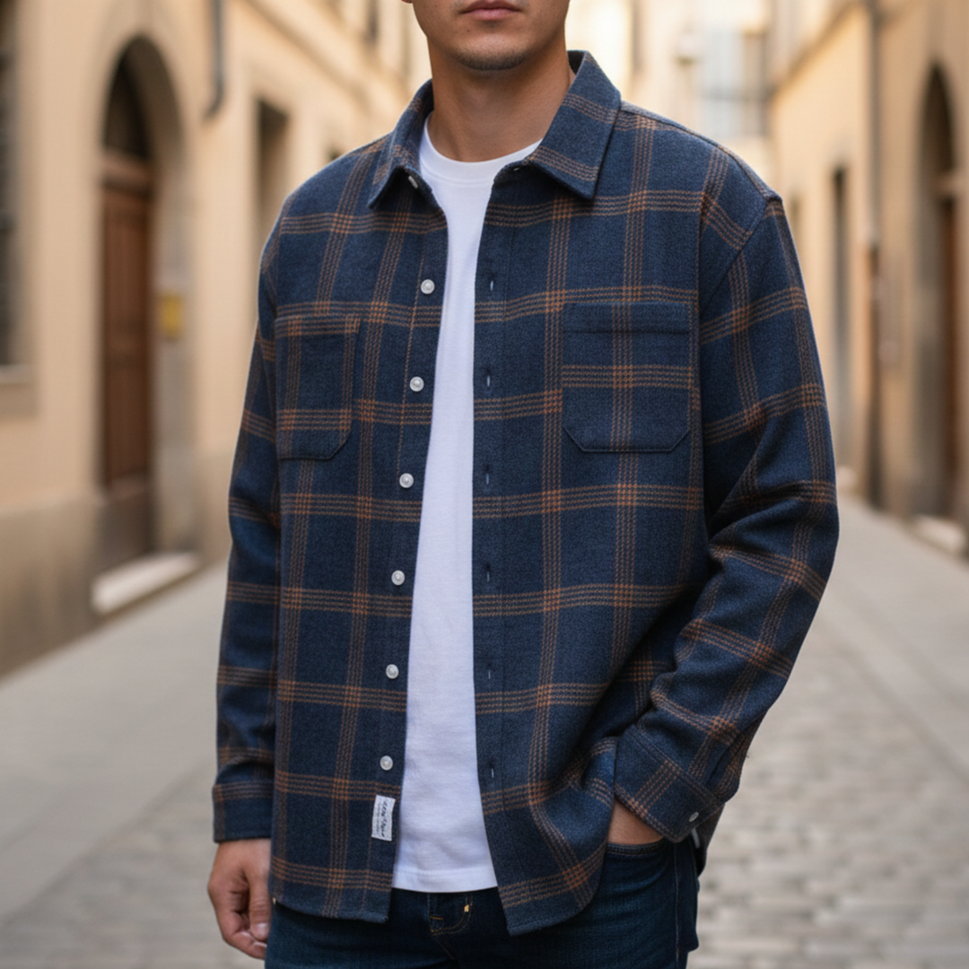 Men Flannel Shirt Checkered Button Front Long Sleeve Casual