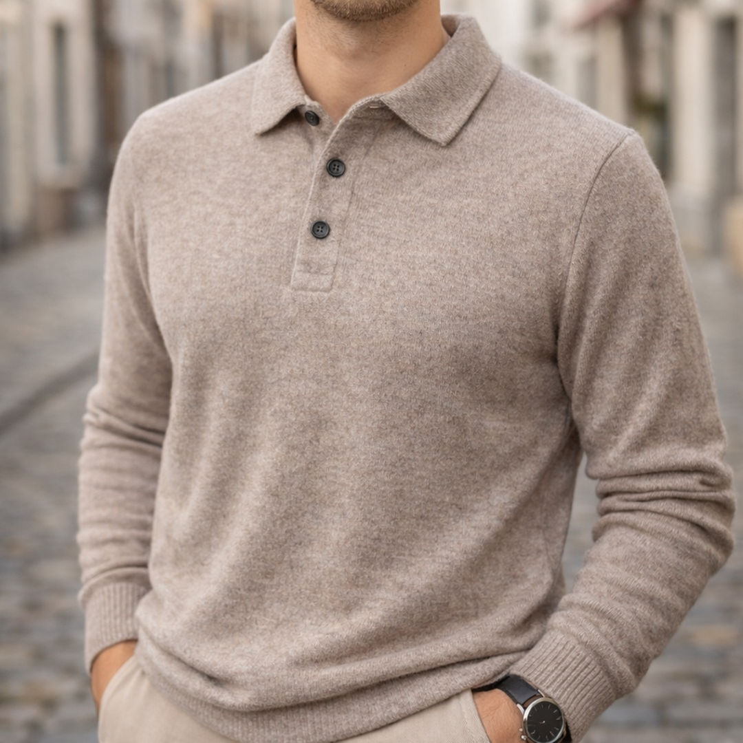 Polo Shirt Cashmere Long Sleeve Knit Men Beige Collared