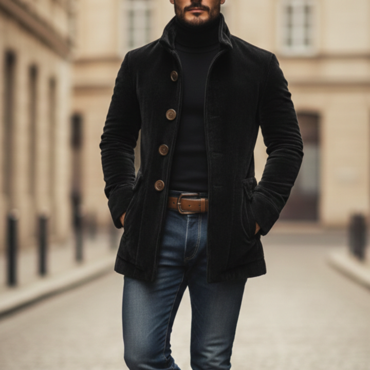 Corduroy Coat Stand Collar Button Front Men