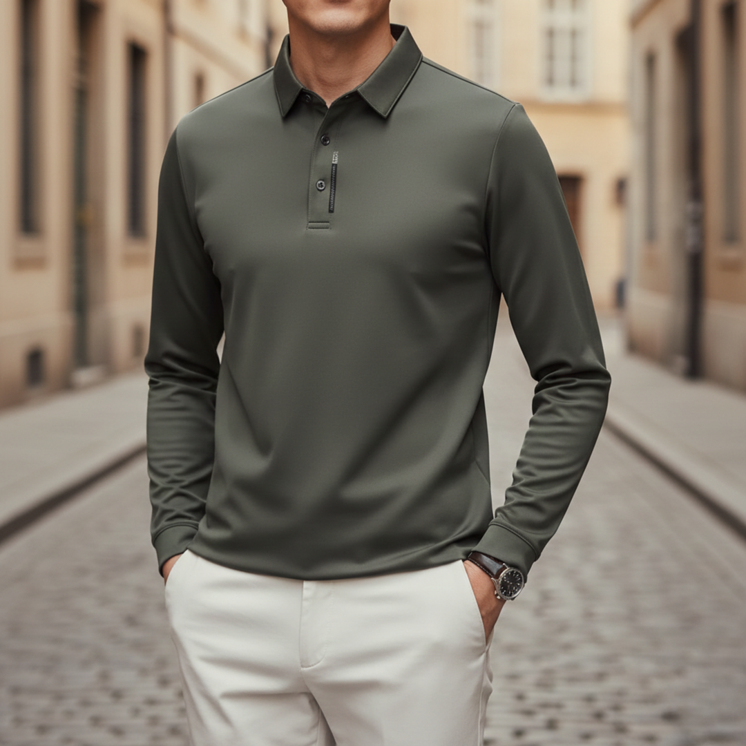 Polo Shirt Long Sleeve Solid Business Casual Men