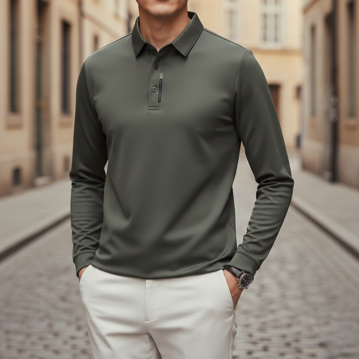 Polo Shirt Long Sleeve Solid Business Casual Men