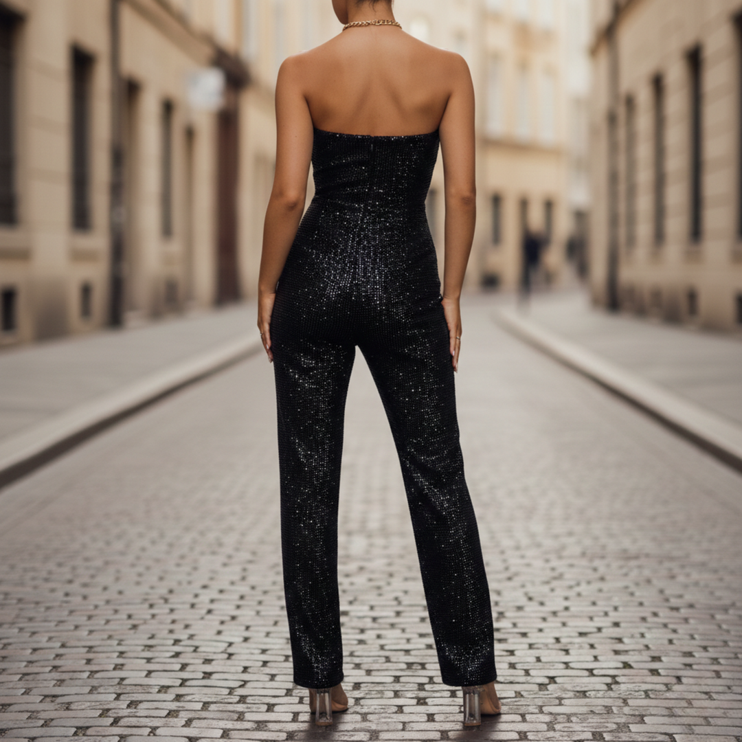 Womens Jumpsuit Strapless Wide Leg Glitter
