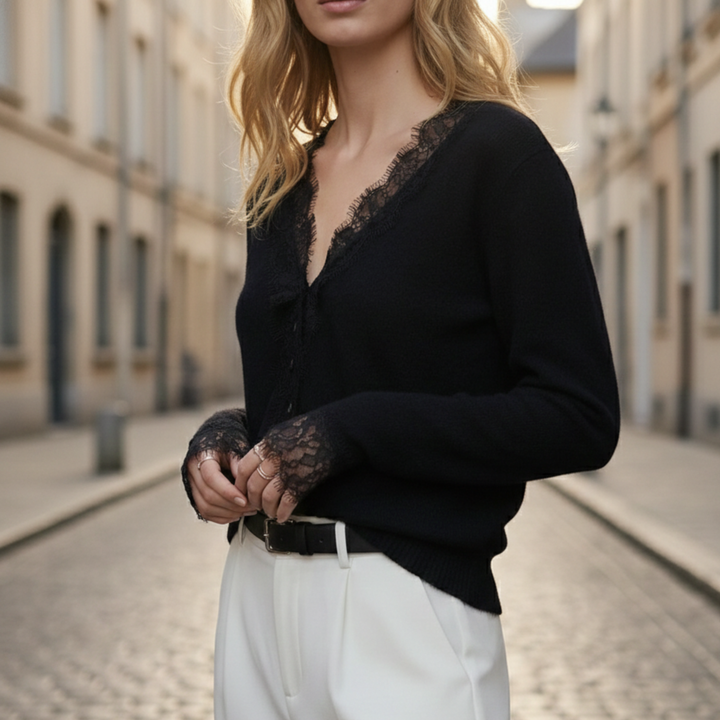Cárdigan con Encaje en el Cuello en V y Manga Larga para Mujeres