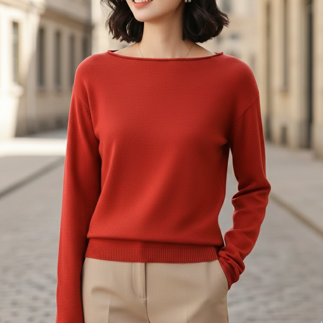 Haut en tricot léger à col rond et manches longues pour femme