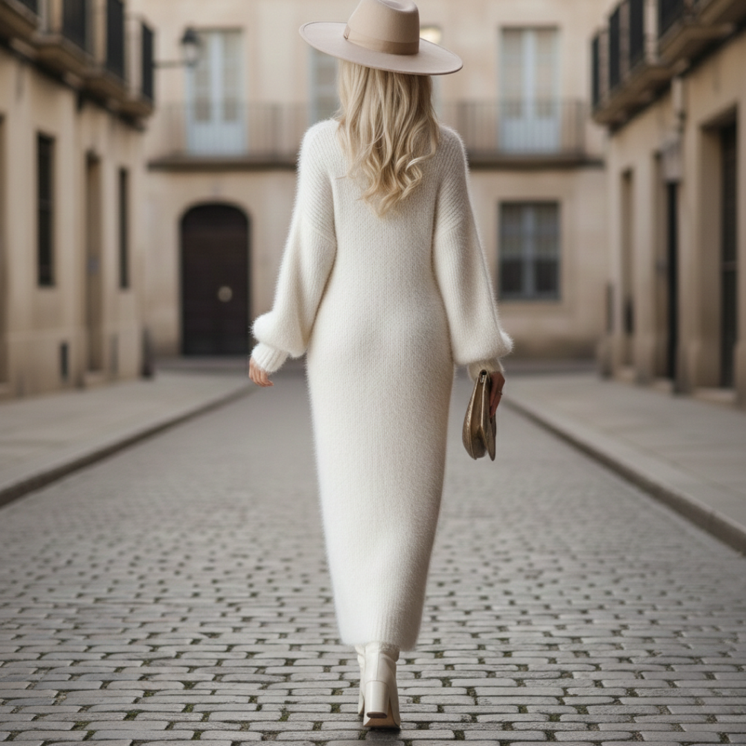 Midi Knit Dress Faux Fur Effect Side Slit V Neck Women