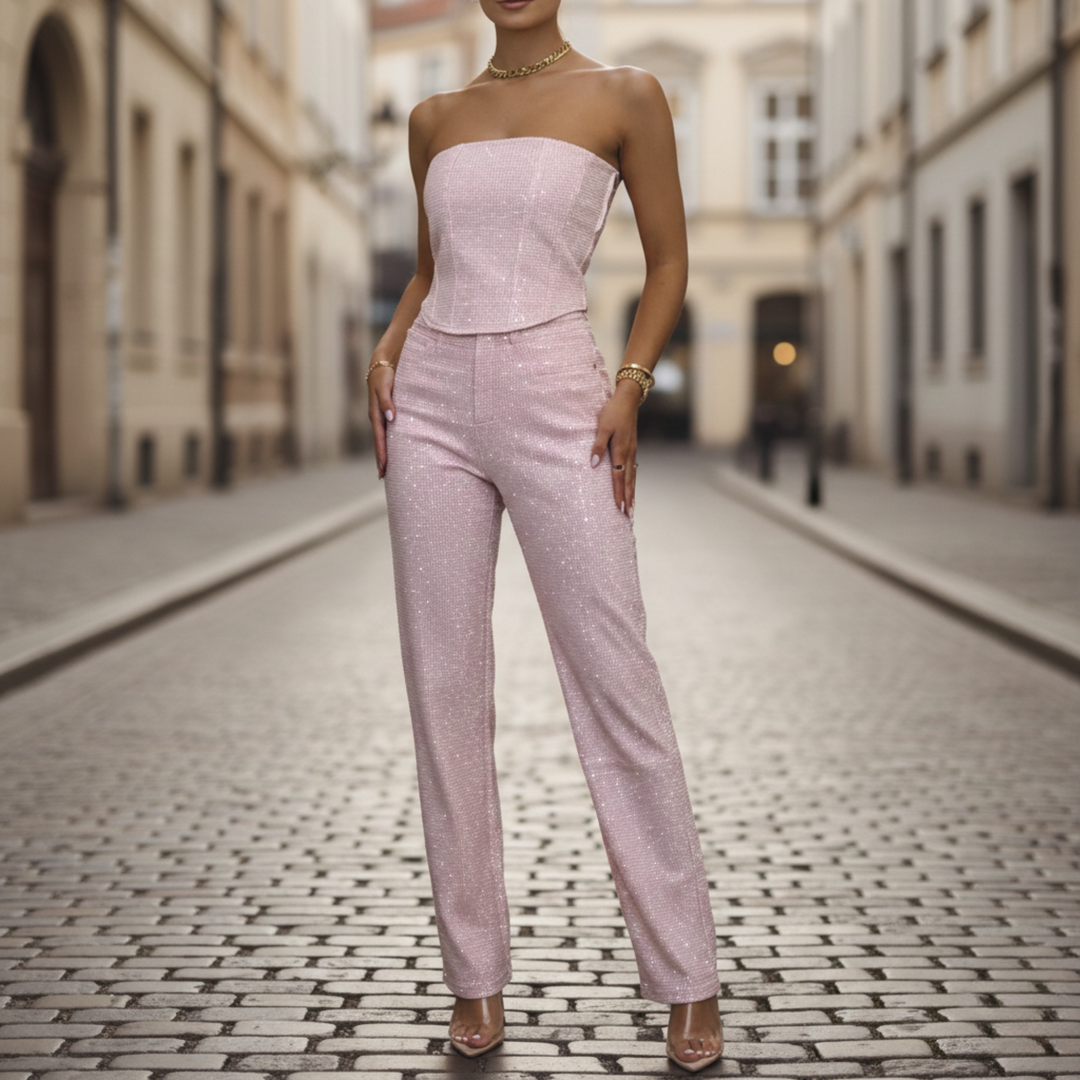 Womens Jumpsuit Strapless Wide Leg Glitter