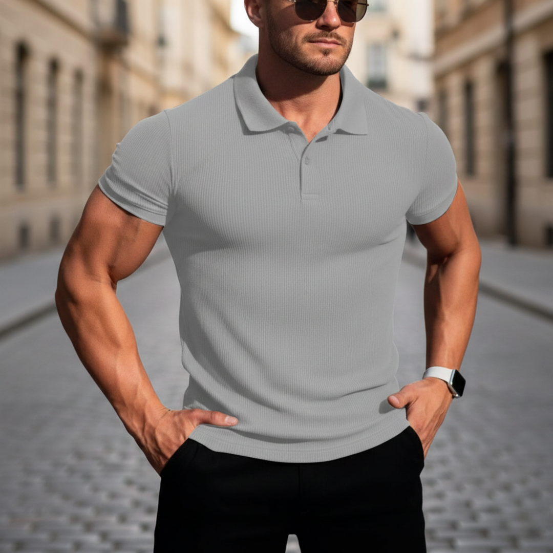 Mens polo shirt short sleeve slim fit ribbed knit