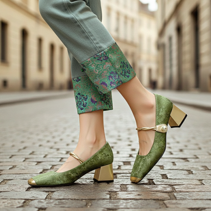 Square Toe Heels Floral Embossed Block Heel Strap Women