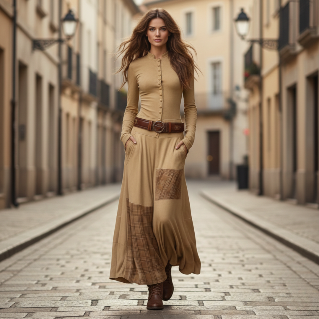 Maxi Dress Suede Plaid Long Sleeve Vintage Women