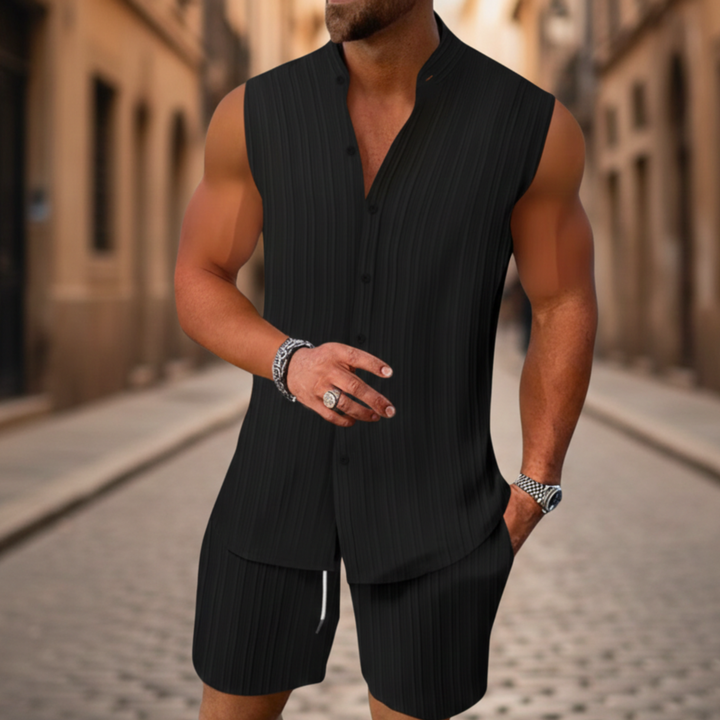 Mens Shorts Set Sleeveless Button Top Summer
