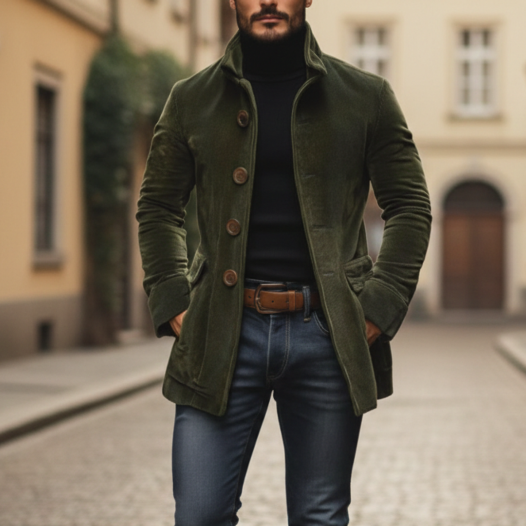 Corduroy Coat Stand Collar Button Front Men