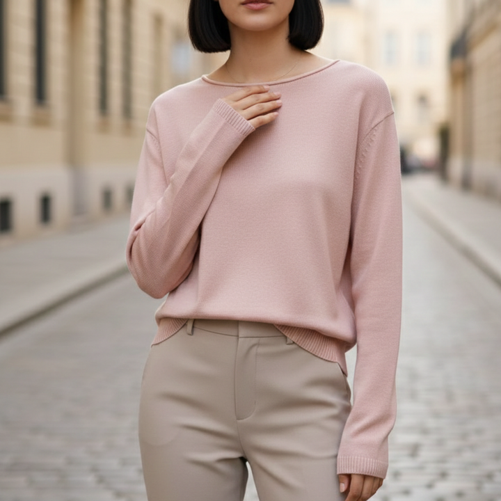 Haut en tricot léger à col rond et manches longues pour femme
