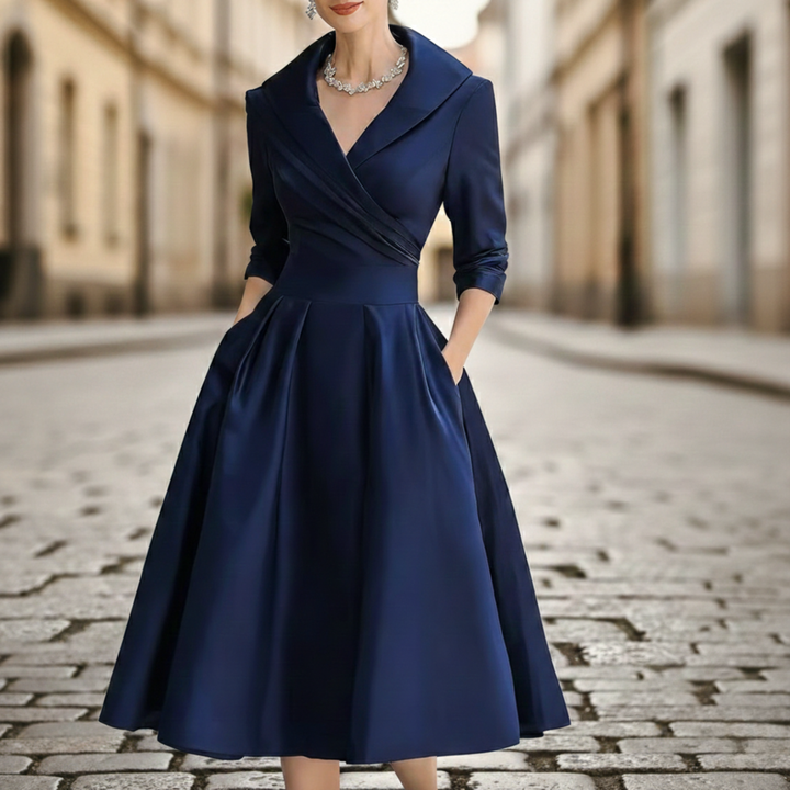 Satin Midi Dress Women Wrap Three Quarter Sleeve A Line Pocket