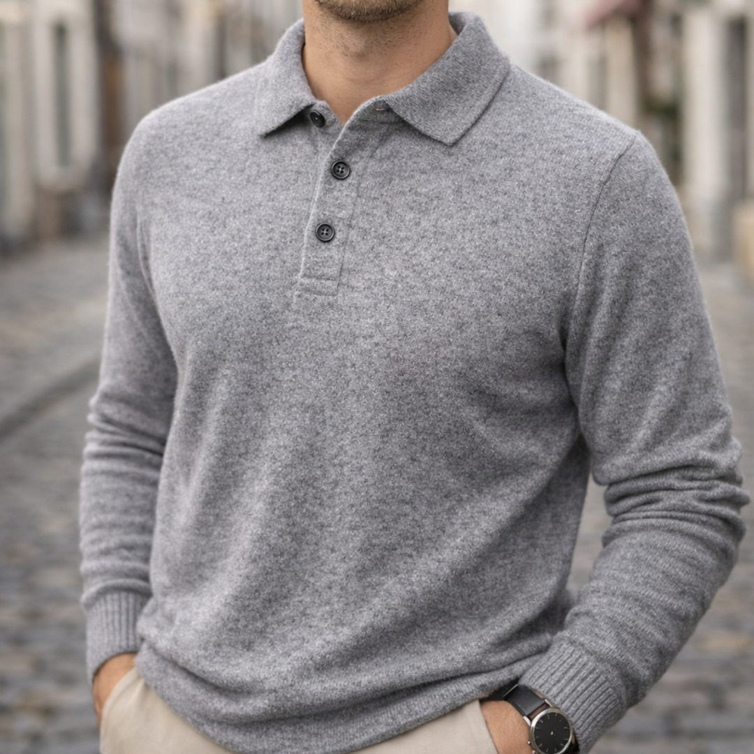 Polo Shirt Cashmere Long Sleeve Knit Men Beige Collared