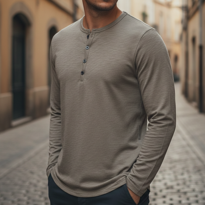Shirt Long Sleeve Button Neck Men
