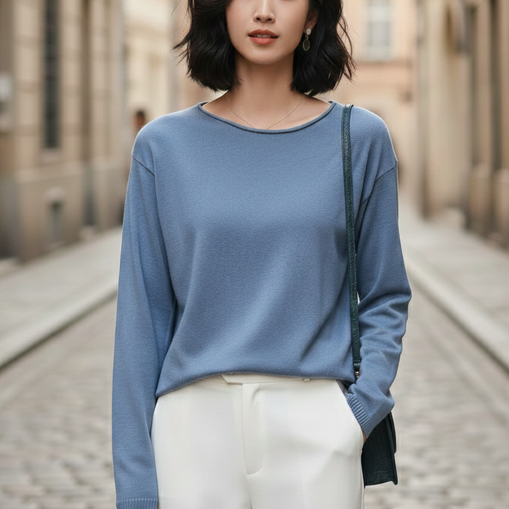 Haut en tricot léger à col rond et manches longues pour femme