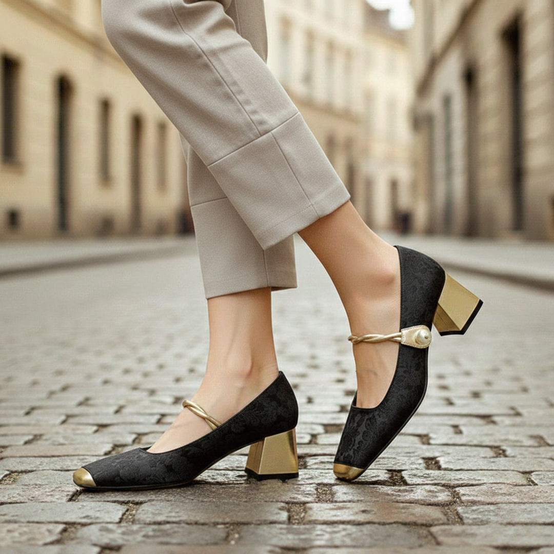 Square Toe Heels Floral Embossed Block Heel Strap Women