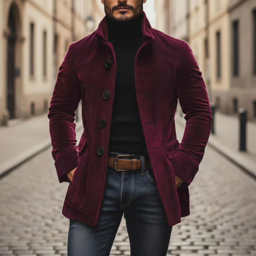 Corduroy Coat Stand Collar Button Front Men