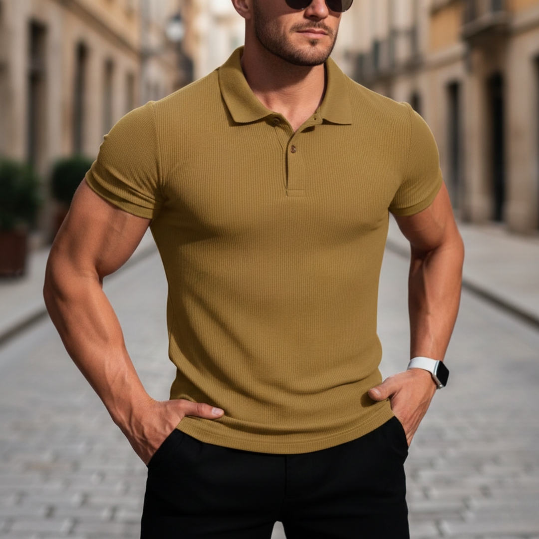 Mens polo shirt short sleeve slim fit ribbed knit