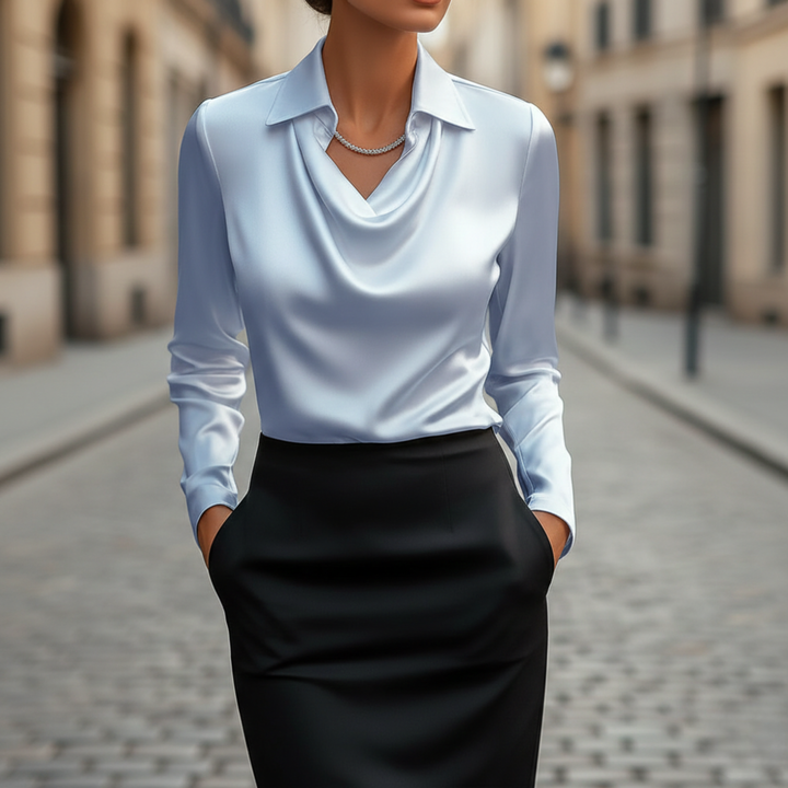 Blusa de Manga Larga con Cuello Caído Sólido para Mujeres