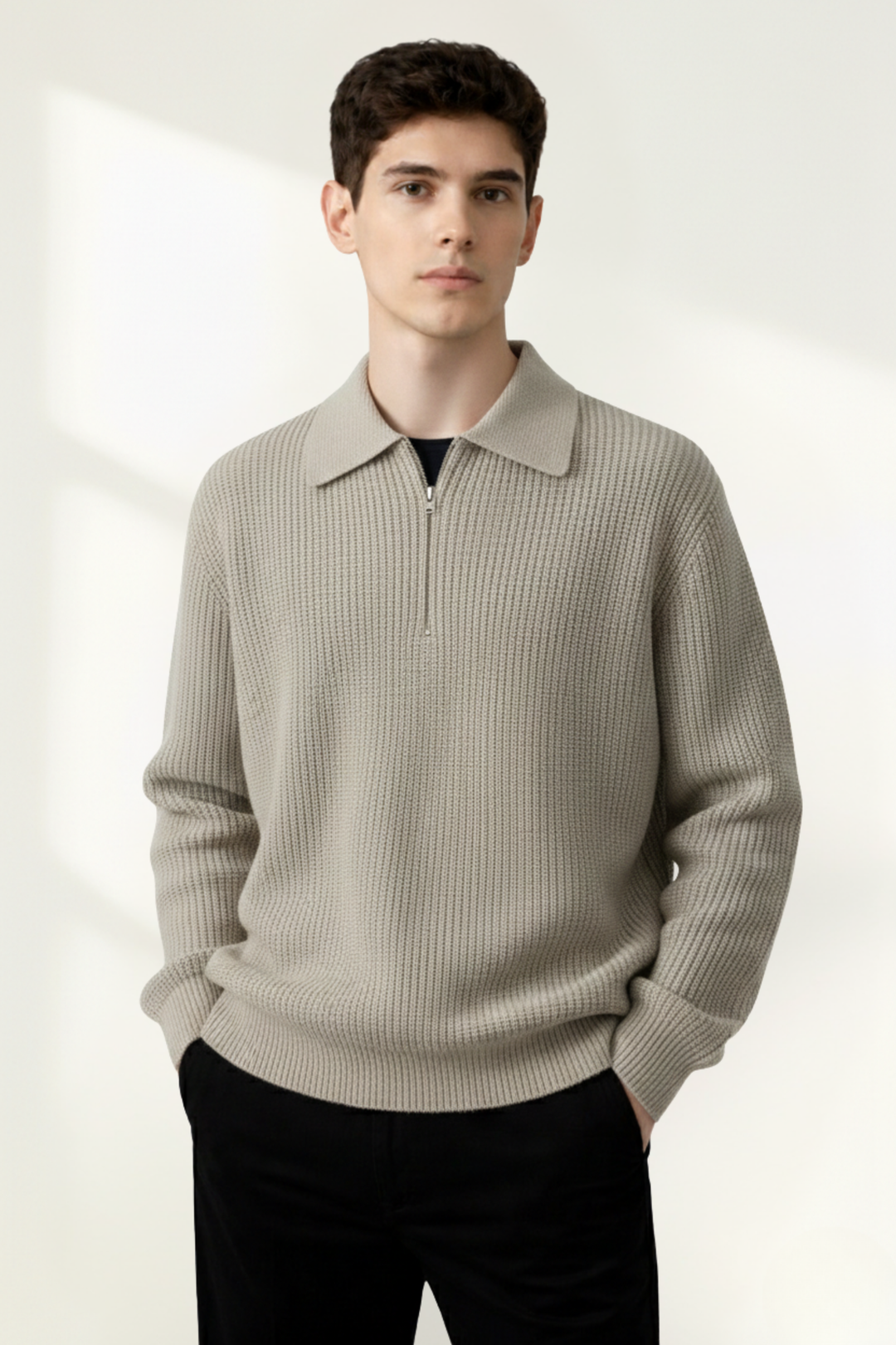 Suéter de polo de punto para hombre con media cremallera
