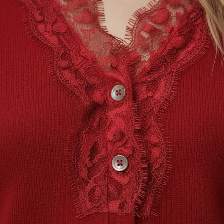 Cárdigan con Encaje en el Cuello en V y Manga Larga para Mujeres