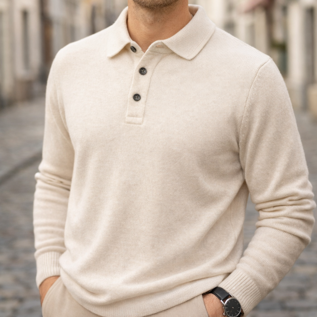 Polo Shirt Cashmere Long Sleeve Knit Men Beige Collared