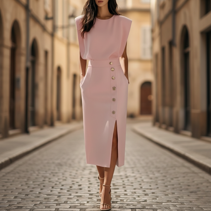 Midi dress sleeveless button detail side slit women