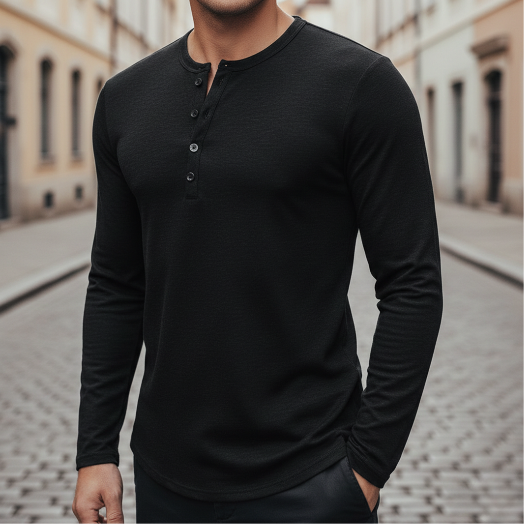 Shirt Long Sleeve Button Neck Men
