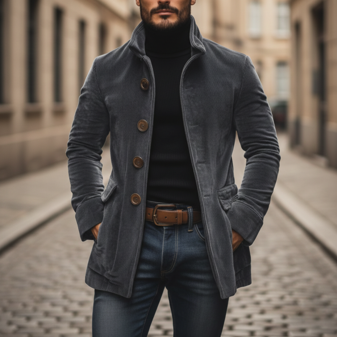 Corduroy Coat Stand Collar Button Front Men