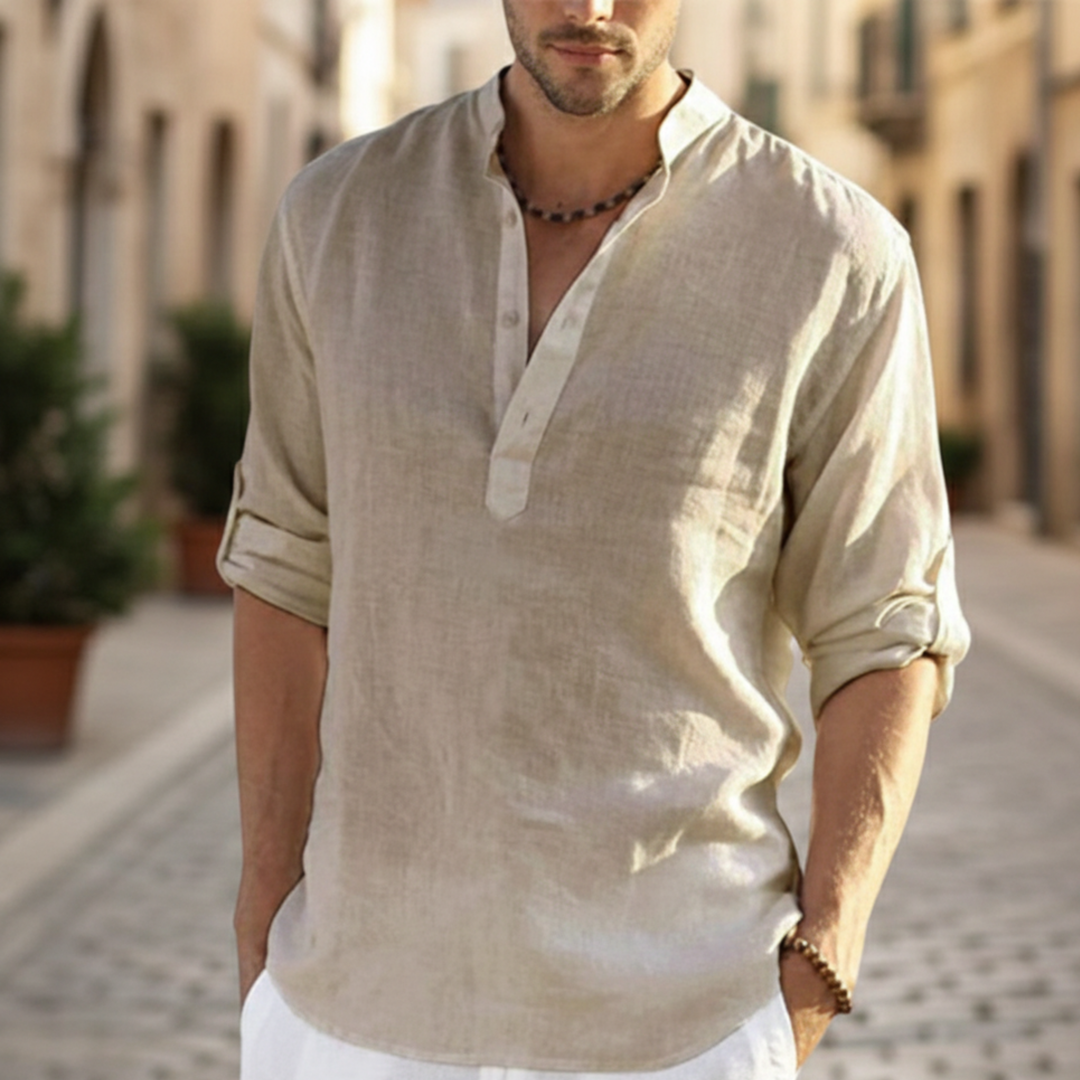 Men Shirt Mandarin Collar Button Front Long Sleeve