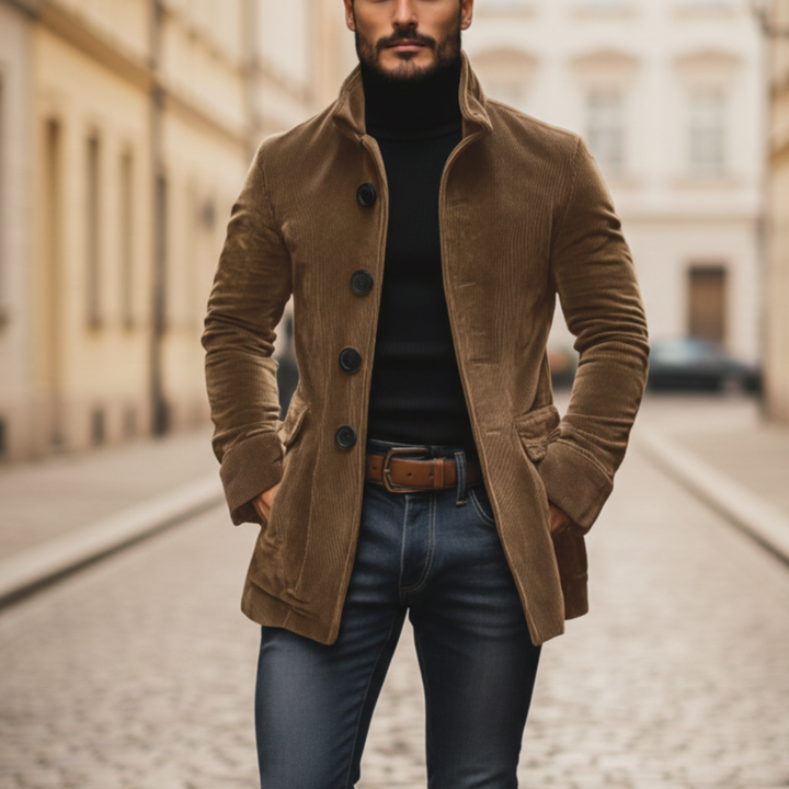 Corduroy Coat Stand Collar Button Front Men