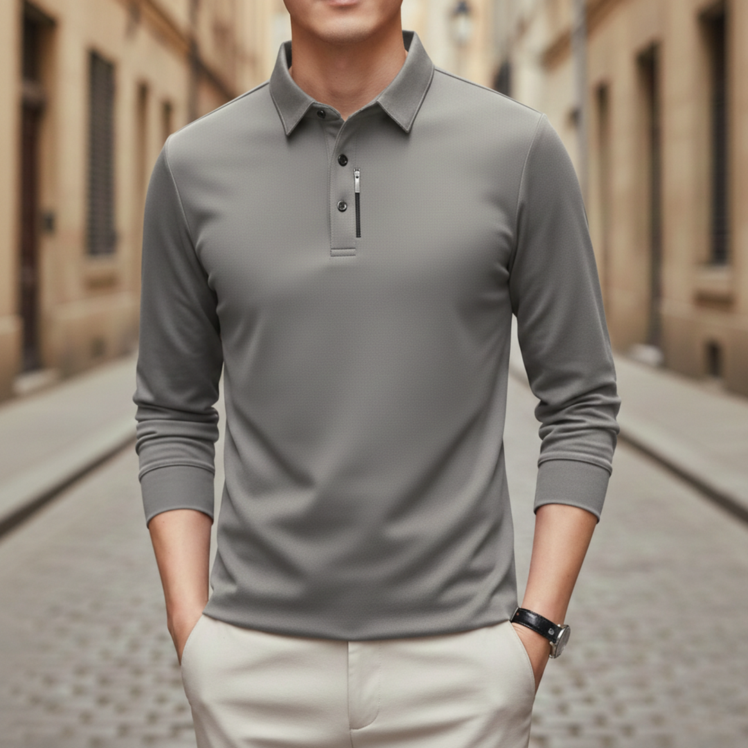 Polo Shirt Long Sleeve Solid Business Casual Men