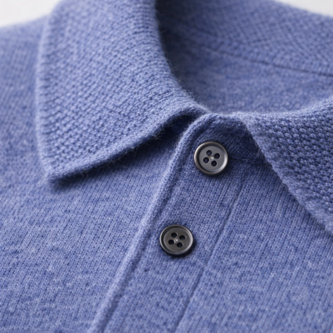 Polo Shirt Cashmere Long Sleeve Knit Men Beige Collared