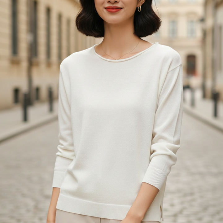 Haut en tricot léger à col rond et manches longues pour femme