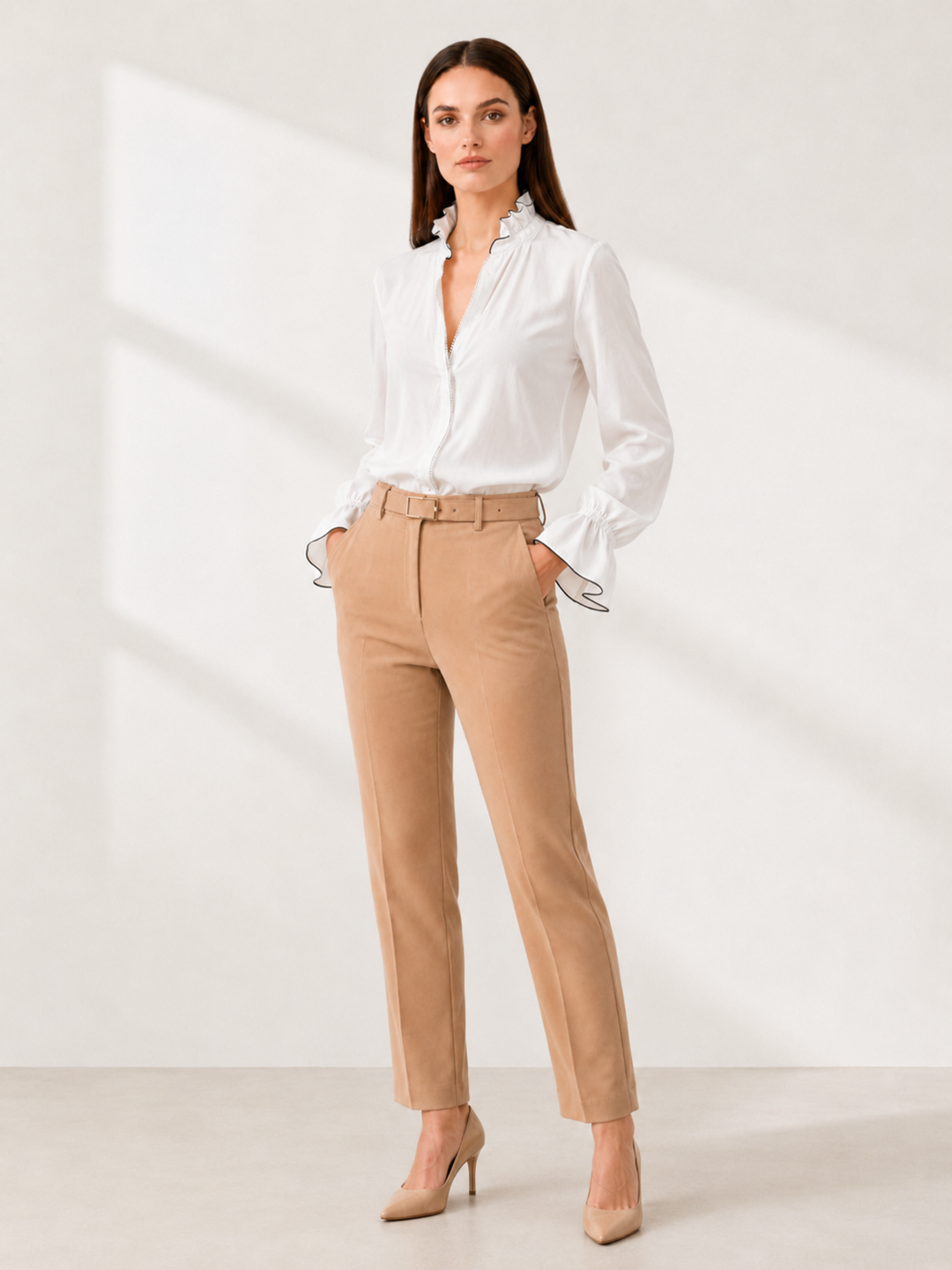 Women’s White Long-Sleeve Zip-Front Blouse